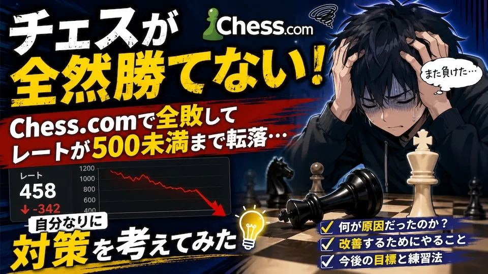チェスが全然勝てない！Chess.comで全敗してレートが500未満まで転落。自分なりに対策を考えてみた！